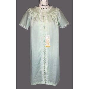 Vtg Smart Time Lace Trim Housecoat Nightgown Size 10 Green Embroidery NOS